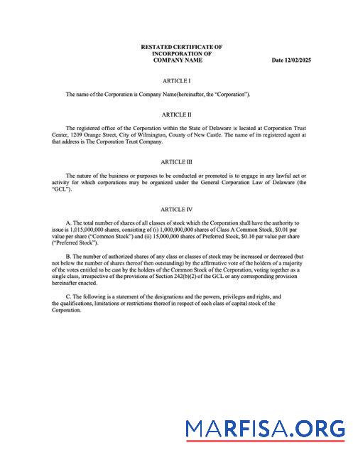 Realistic USA Delaware certificate of incorporation Word and PDF template, version 2